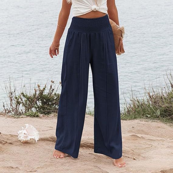 Women's Solid Color Elastic Waist Wide Leg Trousers Casual Pants
