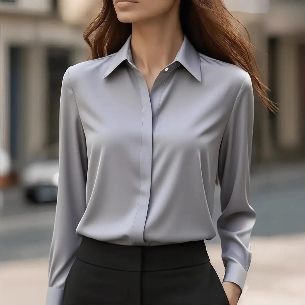 Women's Shirt Satin Lapel Long Sleeve Autumn Solid Blouse