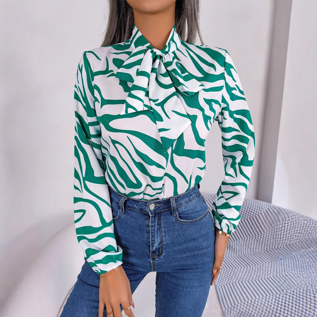 Women's Elegant Contrast Color Striped Lantern Sleeve Lace Shirt, Chiffon Shirt