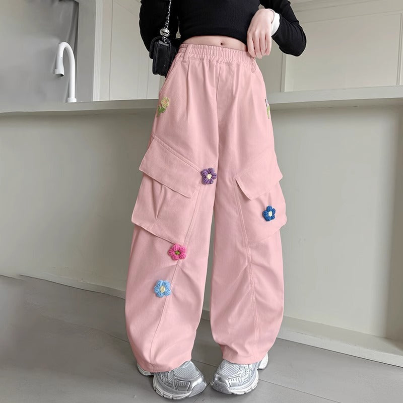 Spring Overalls Fashionable Three-dimensional Flowers Matchet Children's Pants