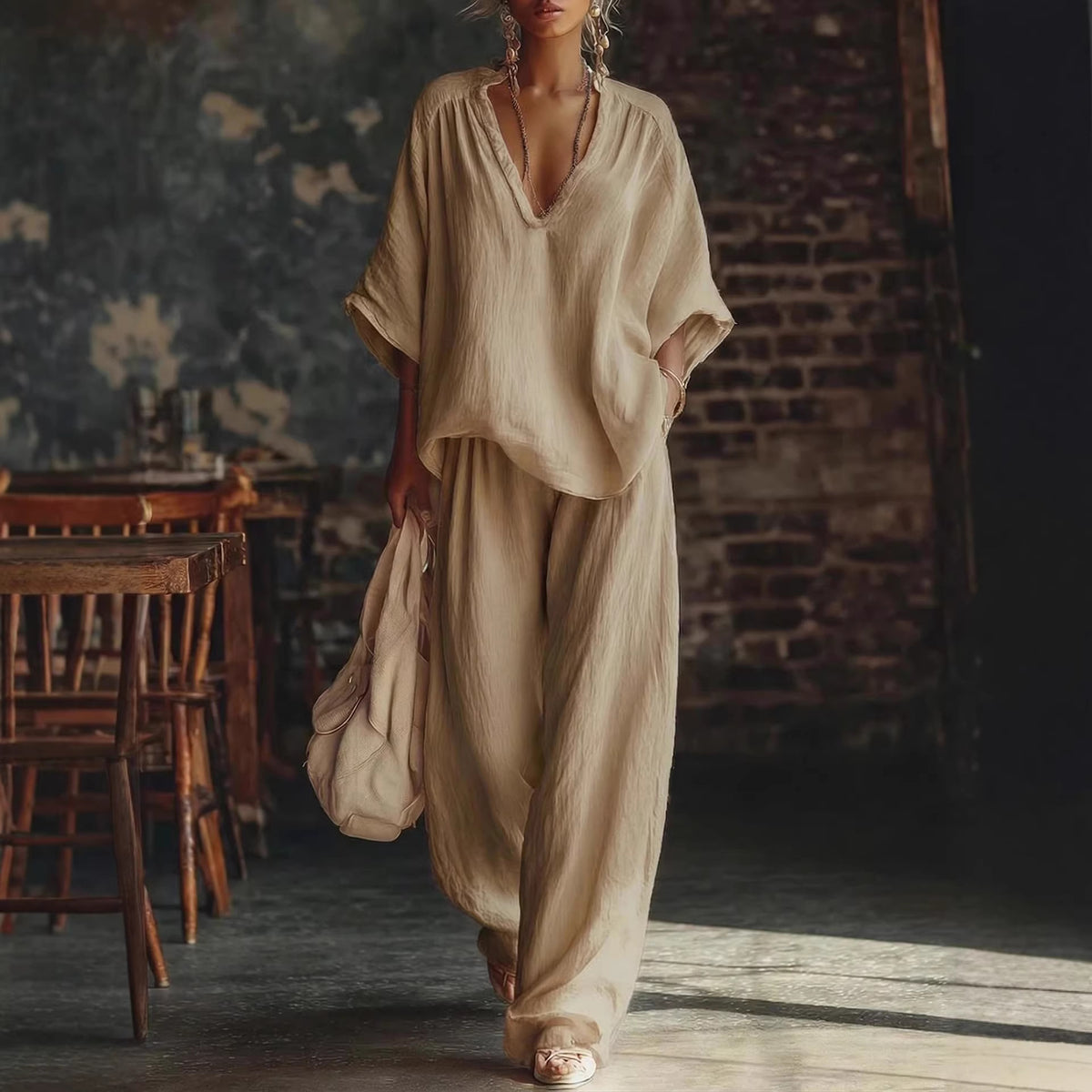 Women's Solid Color Loose Short-sleeved Trousers Two-piece Suits
