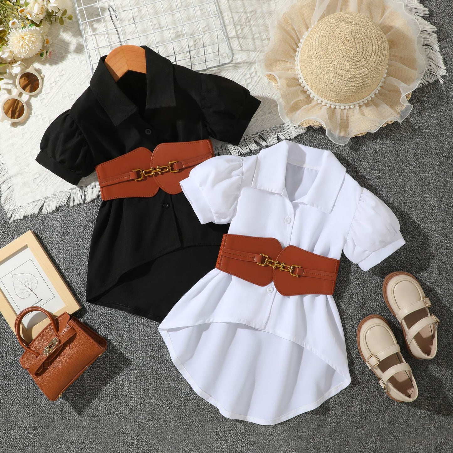 Lantern Short Sleeve Lapel Loose Single-breasted A- Line Shirt Children's Suit