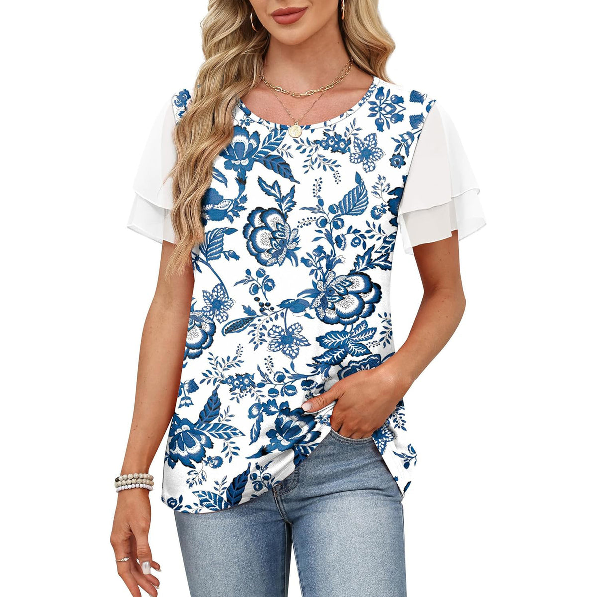 Women's Round Neck Printed Contrast Color Double Tops