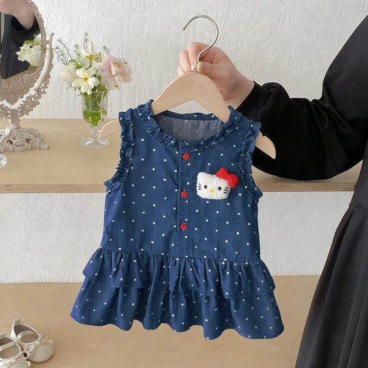 Children's Polka Dot Wooden Ear Skirt Cartoon Cat Princess Contrasting Red Children's Dress