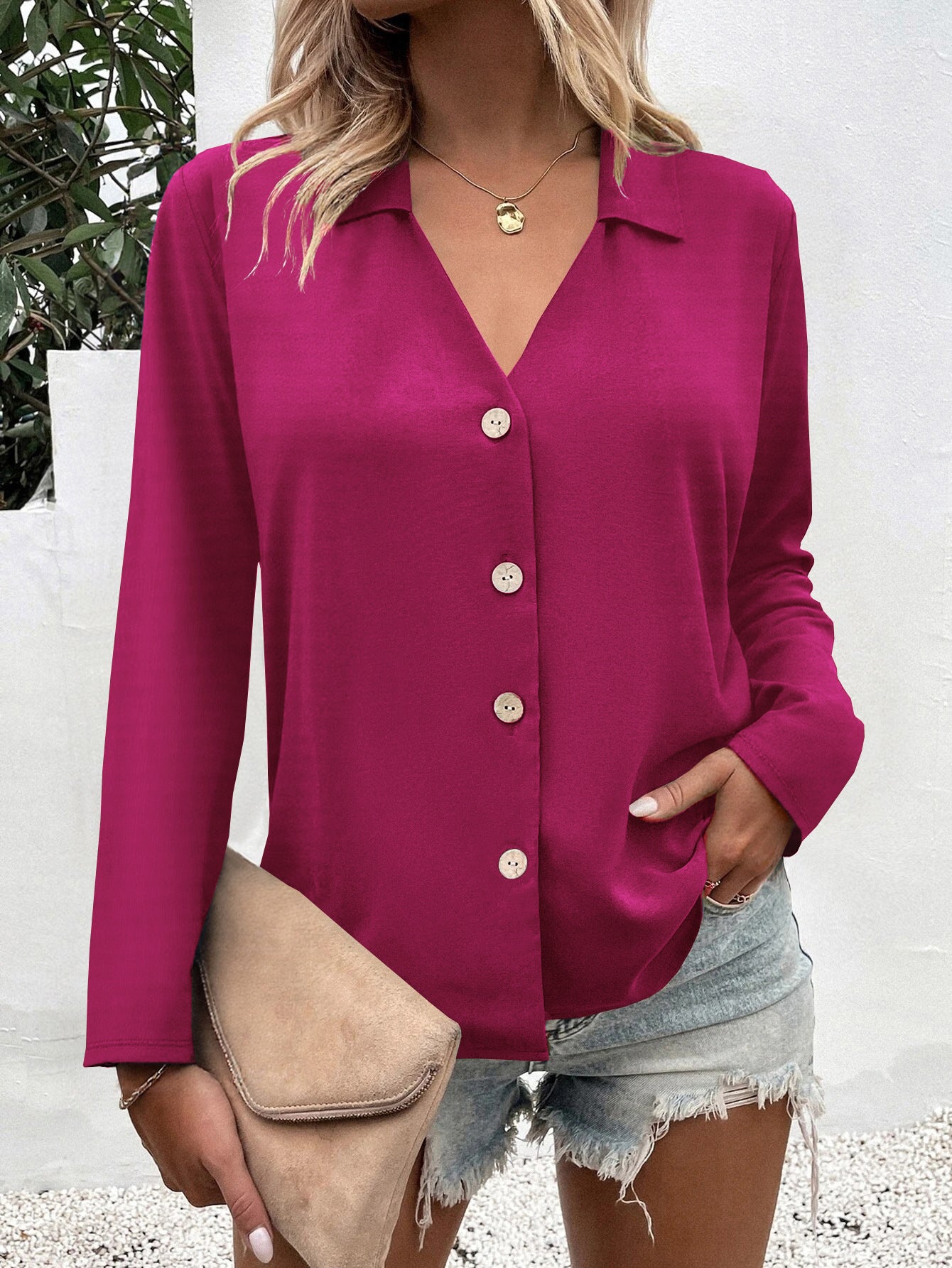 Women's Solid Color Long Sleeve Ice Silk Elegant Blouse