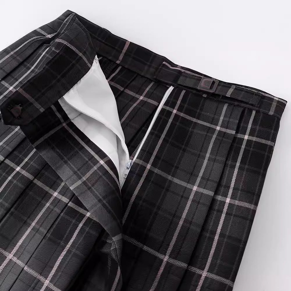 High Waist Plaid Smoke Gray Pleated Skirt