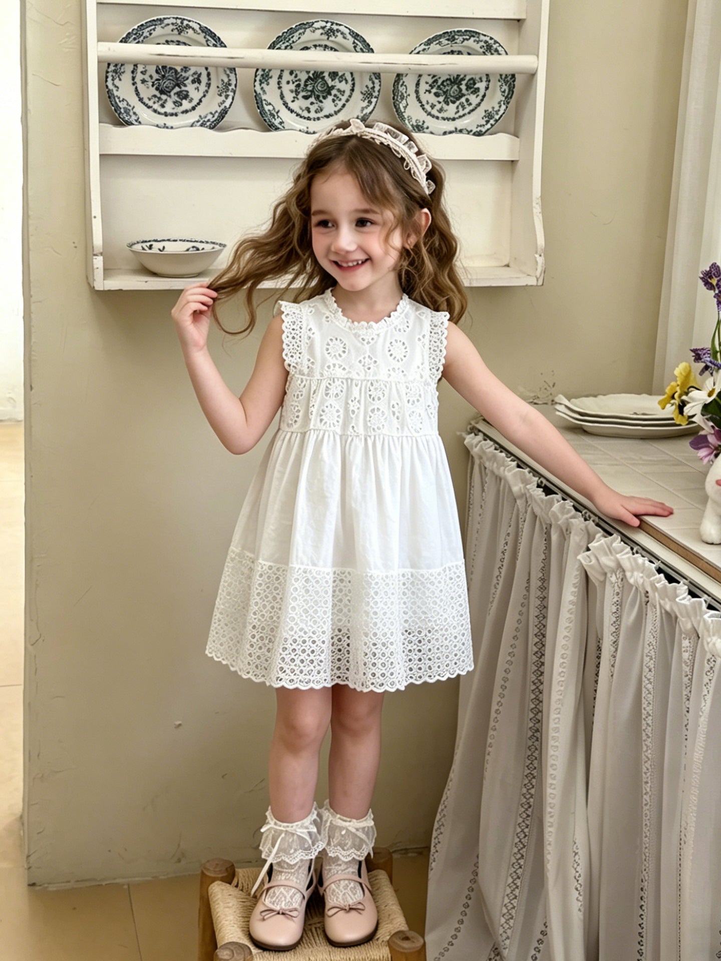 Summer French Lace Sleeveless Princess White Children's Dress