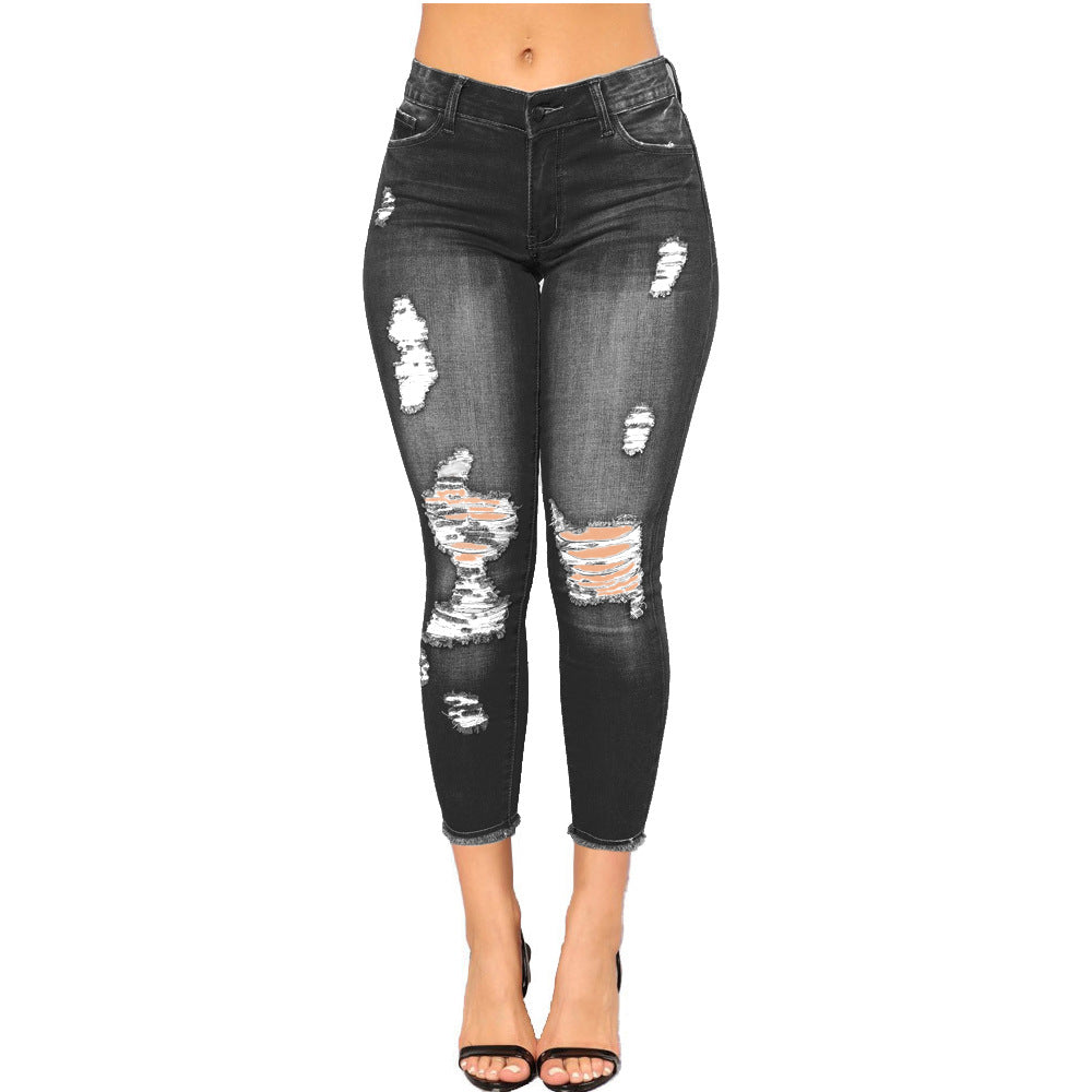 Women's Summer High Elastic Cropped Ripped Skinny Women's Jeans