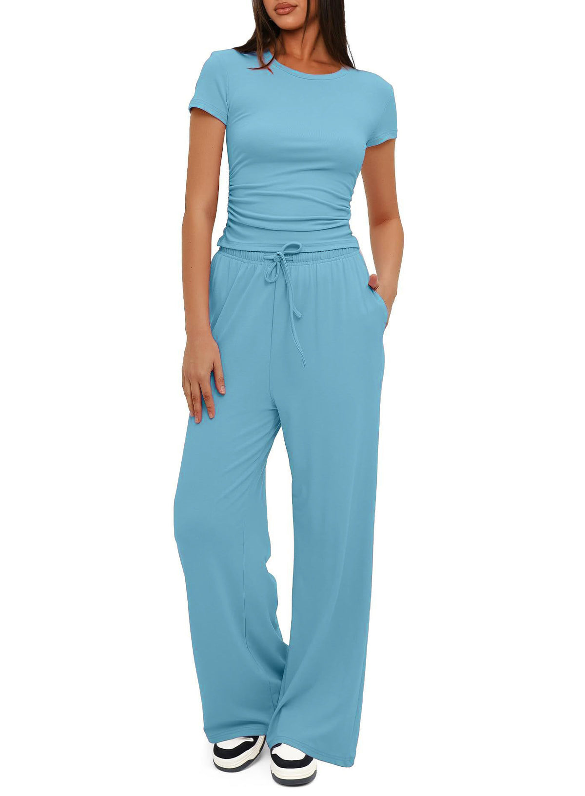 Solid Color Long Sleeves Outfit High Waist Wide Leg Fashion Casual Suit