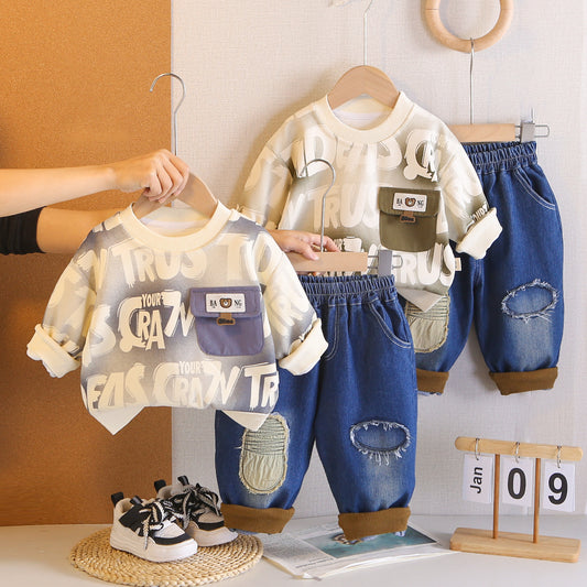 Children's Fashion Two-piece Korean Style Western Full Printed English Round Neck Children's Suit