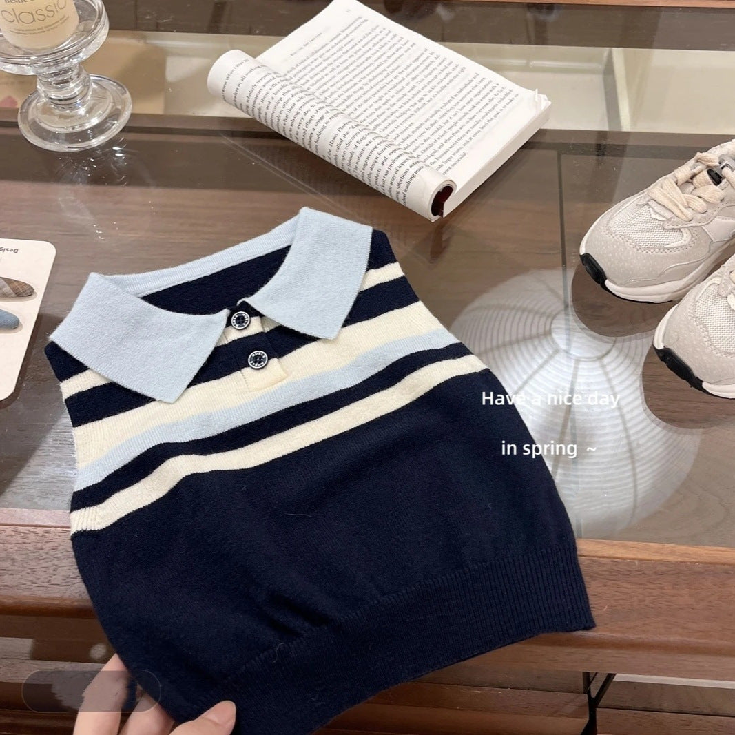 Children's Summer Preppy Style Collar Striped Vest Children's Suit