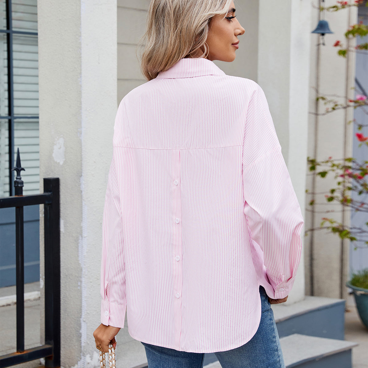 Women's Loose One Breasted Long Sleeve Striped Shirt Blouse