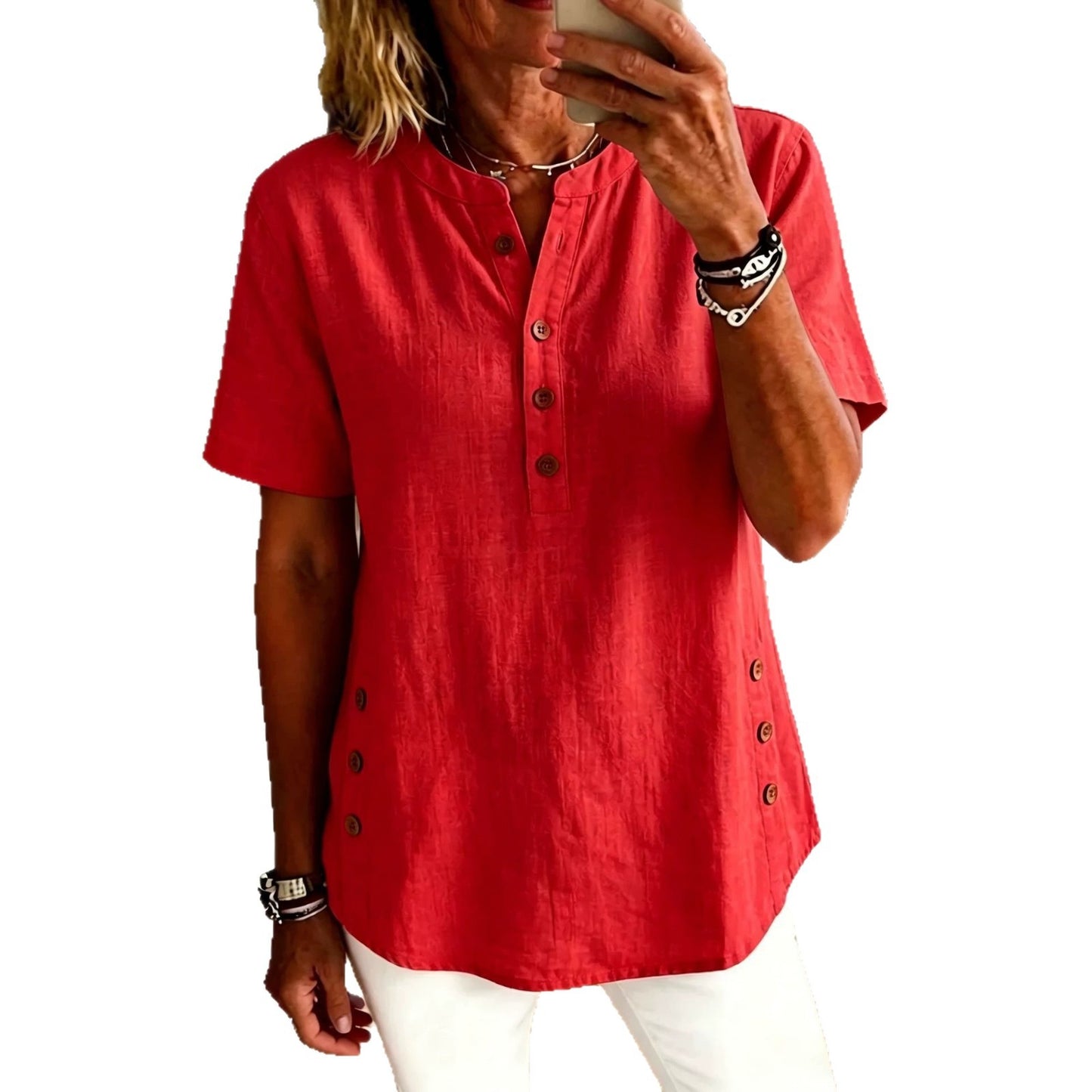 Women's Collar Half Sleeve Side Breasted Loose Casual Women's T-shirt