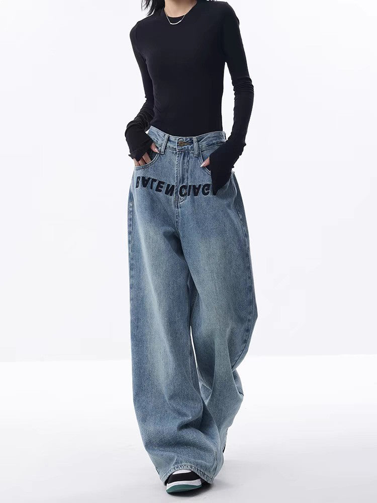 Women's Blue Embroidered Design Loose Mopping Floor Women's Jeans