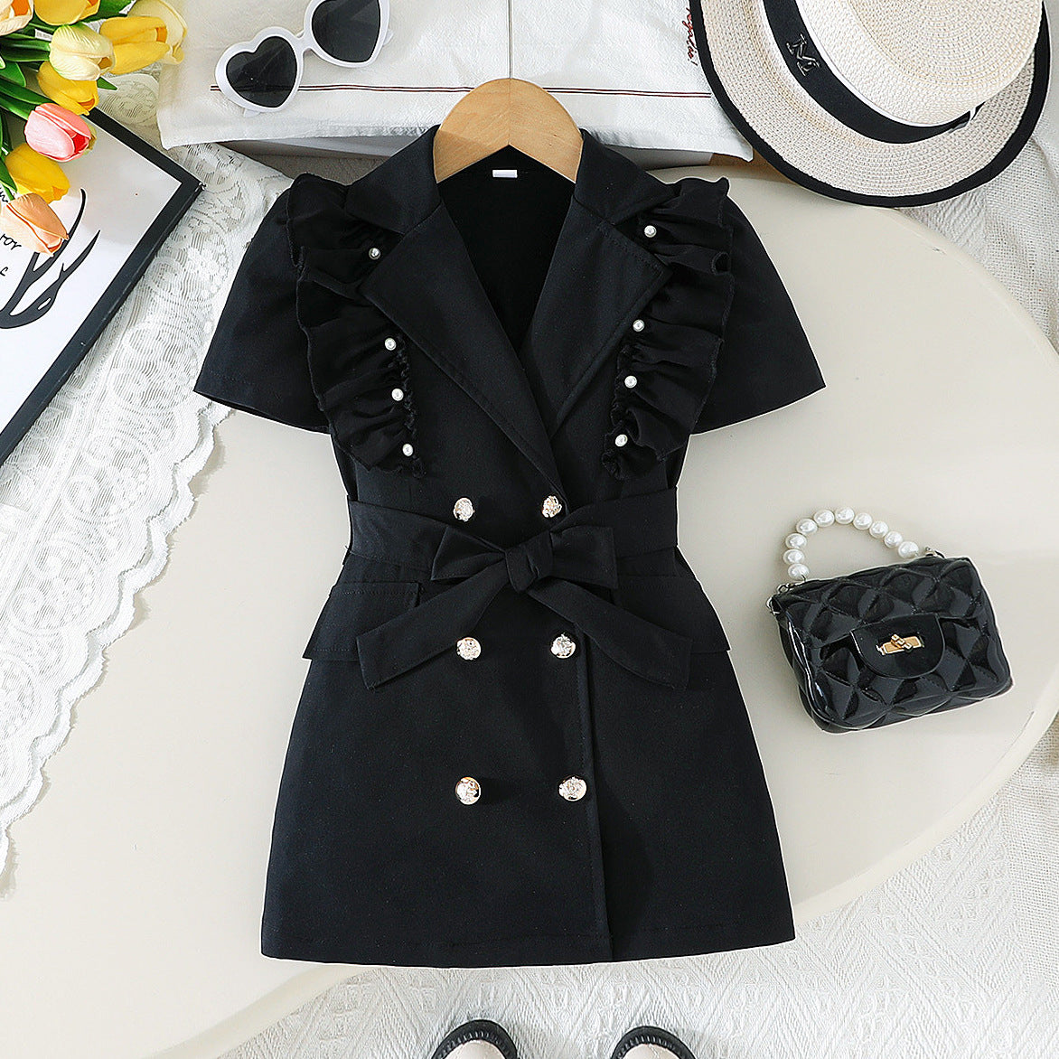 Suit Collar Stringy Seedge Summer Black Children's Dress