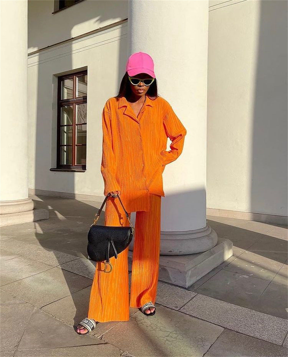 Women's Spring Pleated Design Shirt Outfit Trousers Loose Two-piece Set Fashion Casual Suit