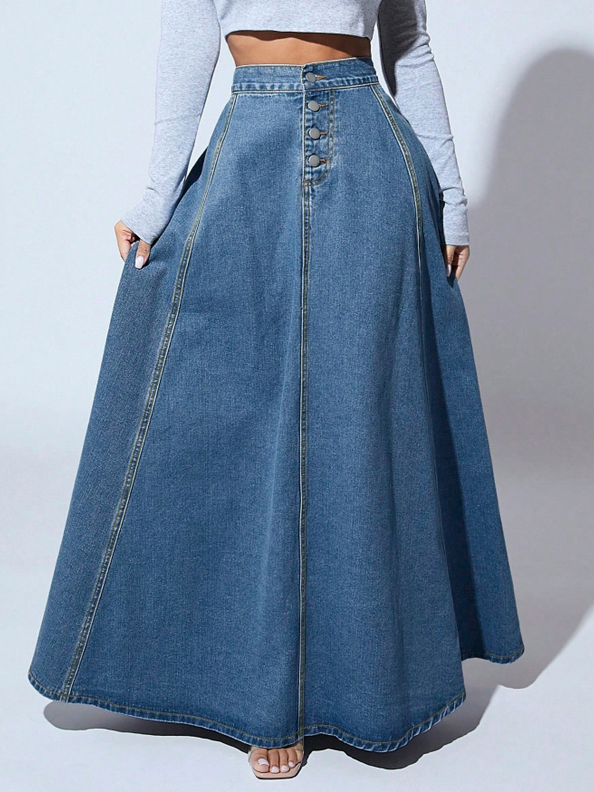 Versatile Women's Denim Design Single-breasted Line Skirt