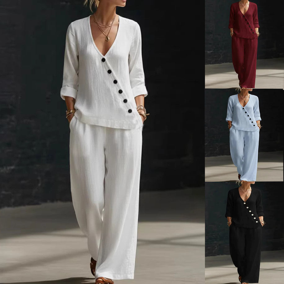 Women's Loose Diagonal Button Shirt Wide Leg Two-piece Fashion Casual Suit