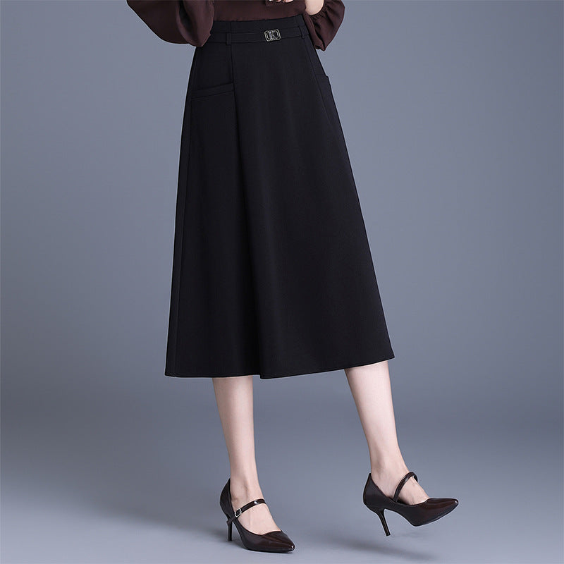 Mid-length Pocket A- Line Solid Color Simple Commute High Waist Skirt