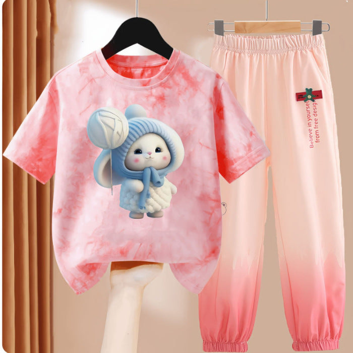 Clothes T-shirt Medium Large Short Sleeved Ice Silk Trousers Two-piece Children's Suit
