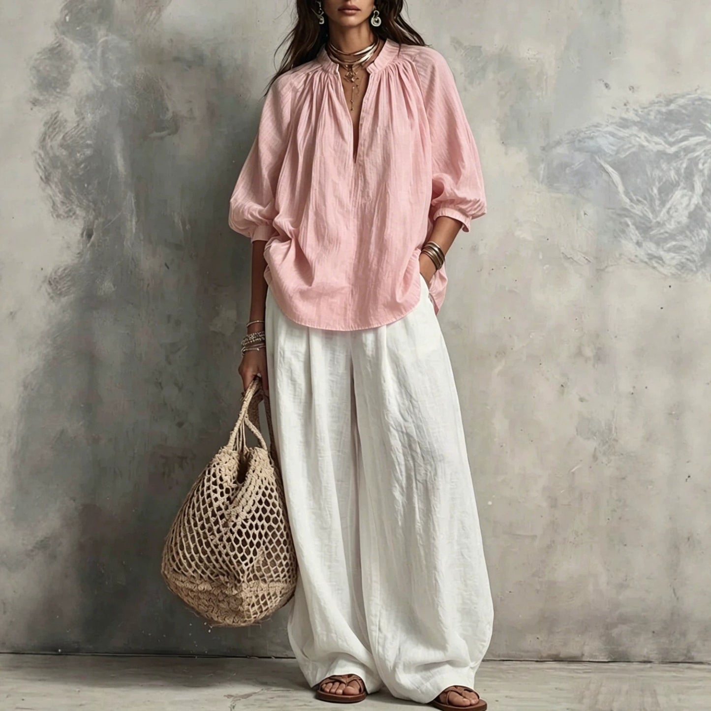 Shirt Loose Slimming Middle Sleeve Vacation Tops