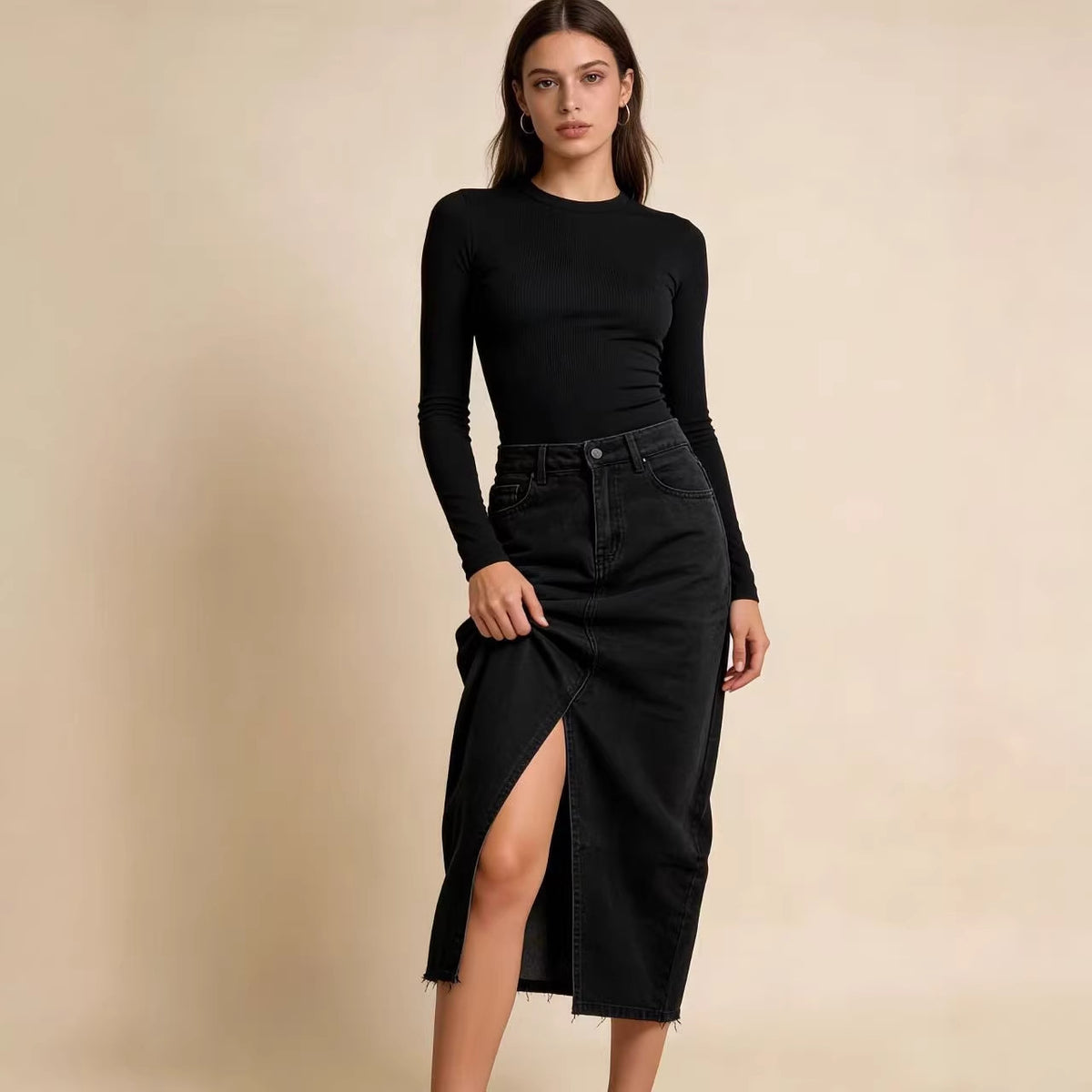 Women's Denim Split Sheath A- Line Slimming Skirts