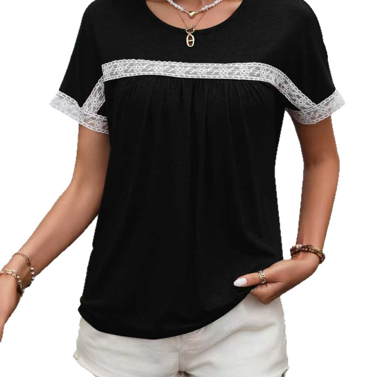 Women's Round Neck Lace Patchwork Short-sleeved Women's T-shirt