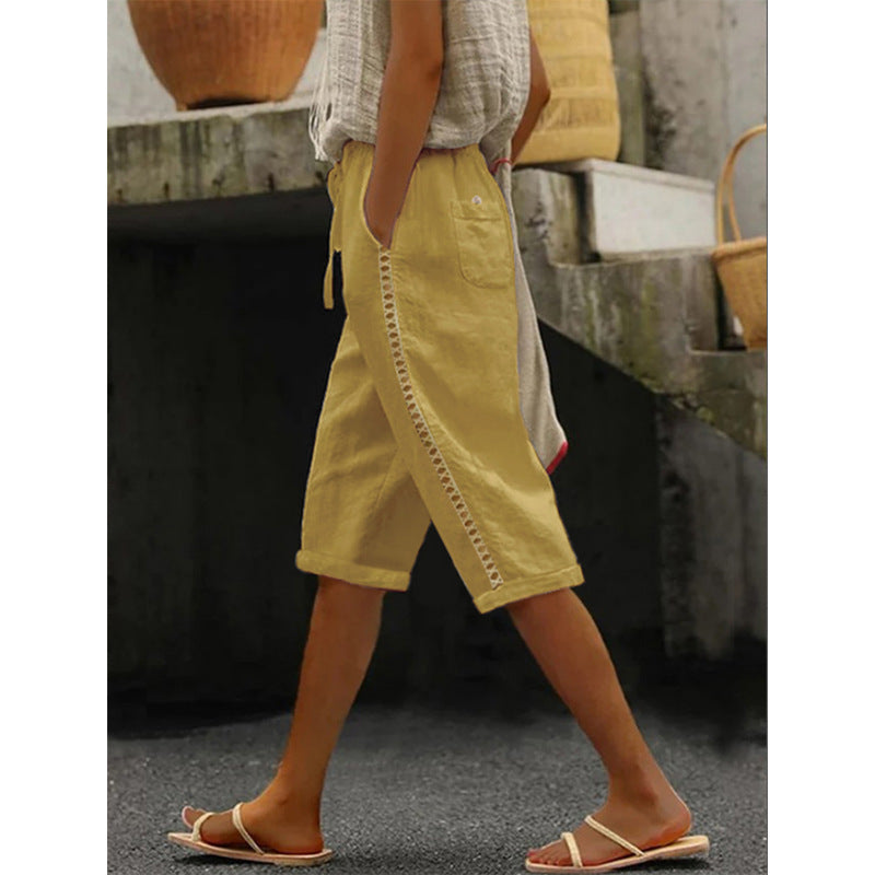 Summer Fashion Woven Cotton Linen Side Lace Hollowed Shorts