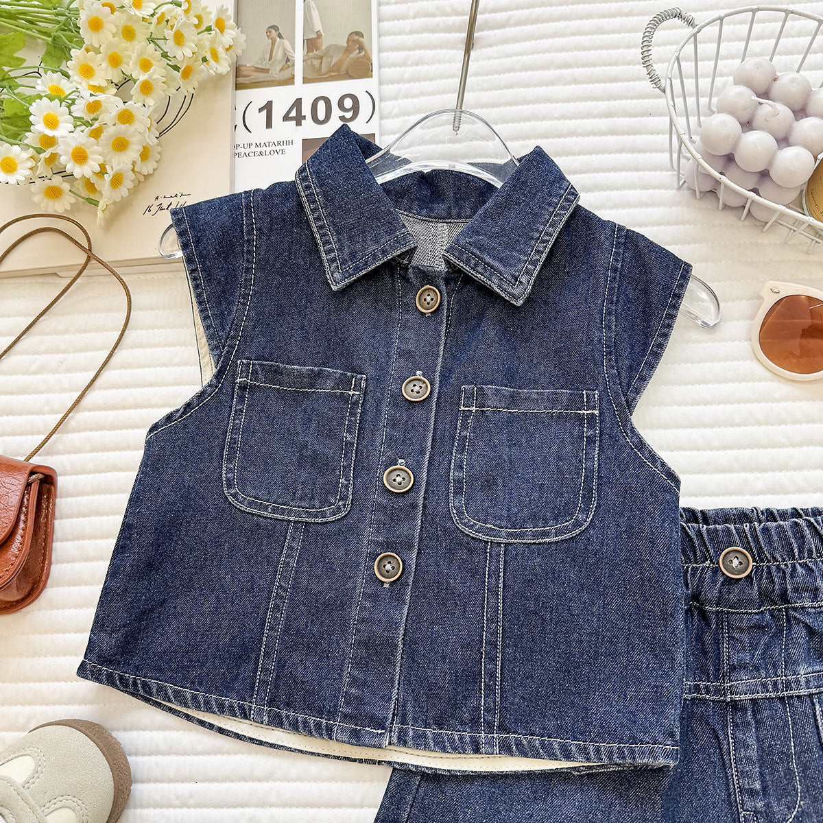 Summer Korean Style Denim Sleeveless Shorts Two-piece Children's Suit