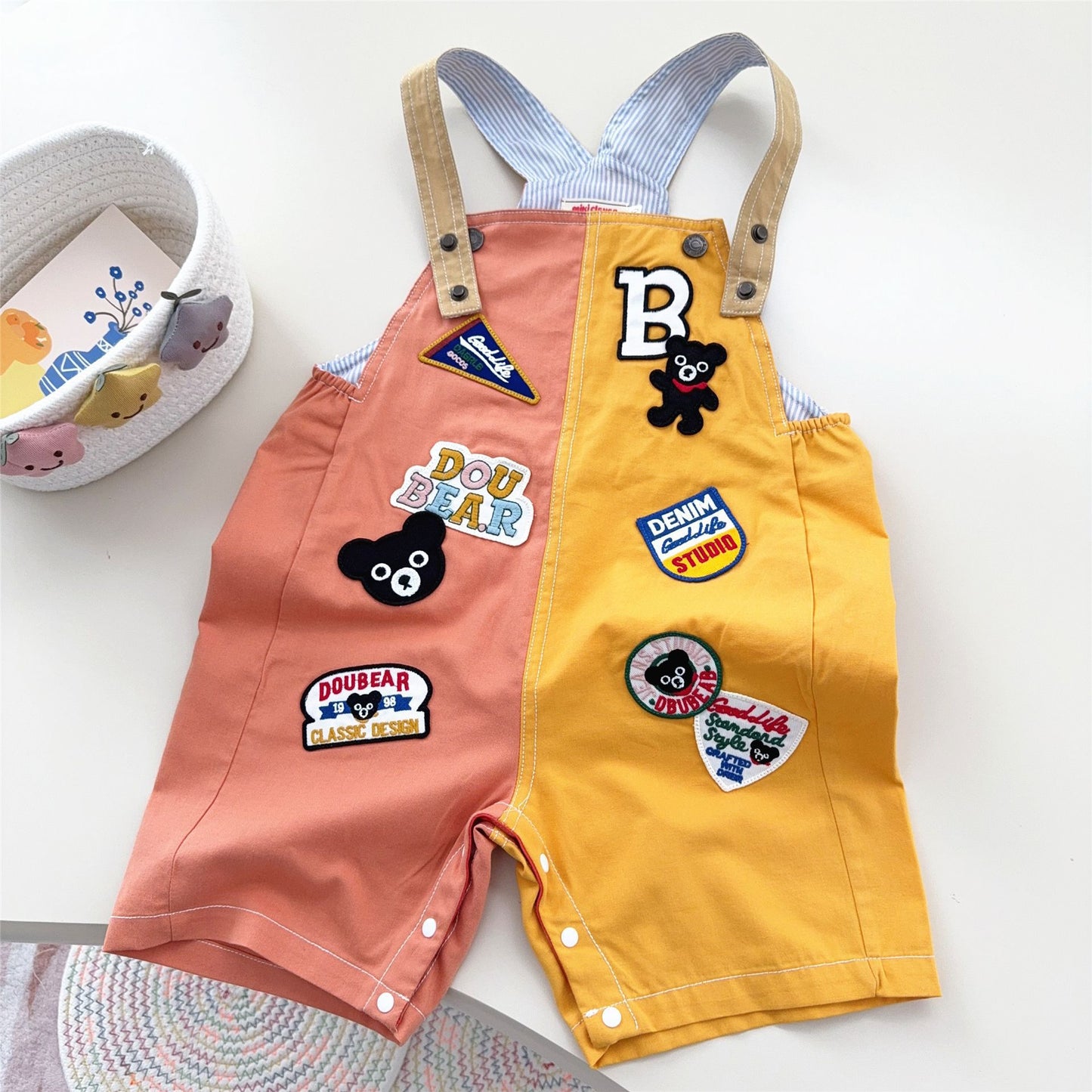 Children's Clothing Summer Cartoon Black Bear Letter Patch Stitching Suspender Children's Pants