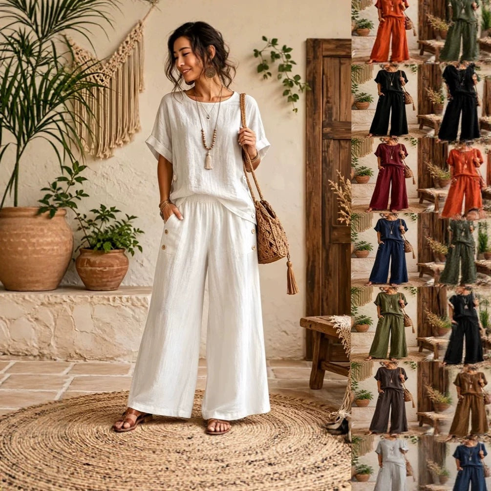 Women's Linen Round Neck Sleeve High Waist Loose Wide Leg Fashion Casual Suit