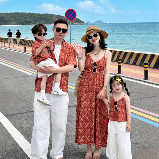 Suit Family Of Three Red Small Floral Shirt Dress Seaside Parent-child Outfit