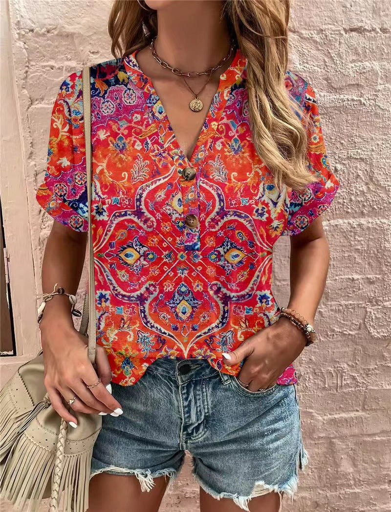 Unique Women's Printed Button Fashion Sleeve Shorts