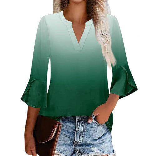 Women's Shirt Petal Sleeve Fashion Printed Loose Blouse