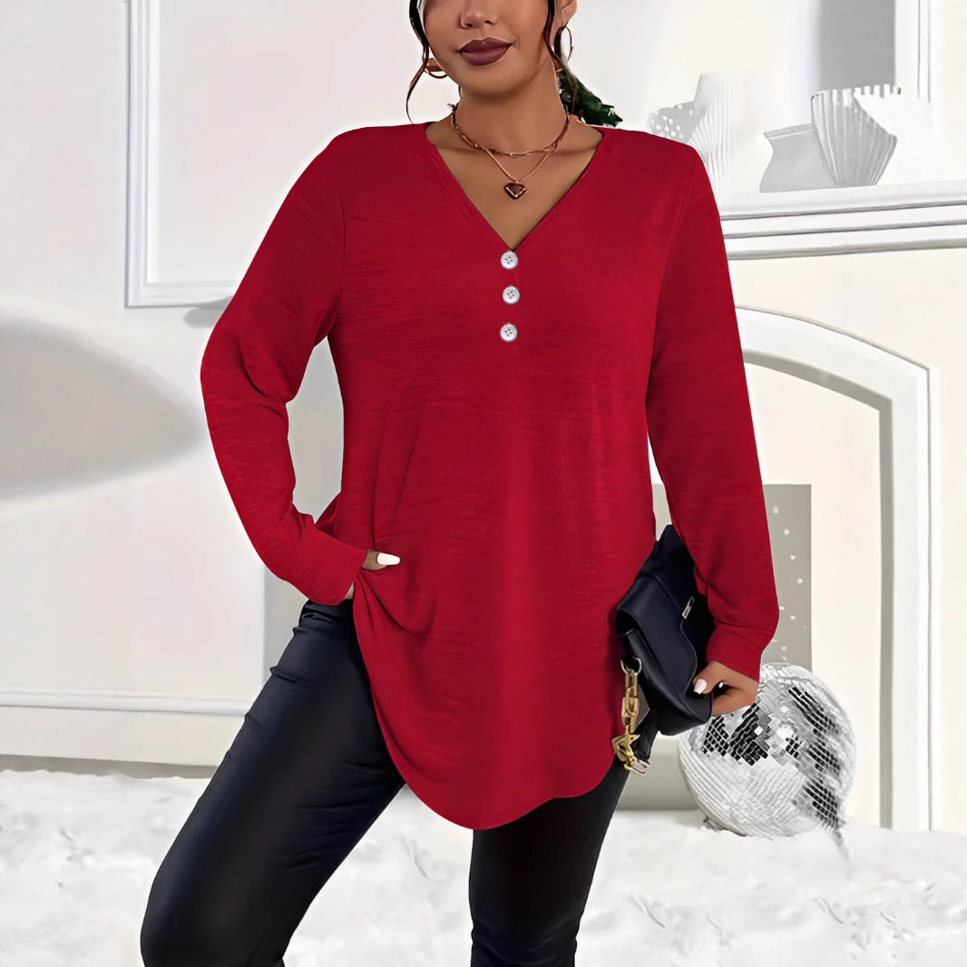 Women's Clothes Buttons Solid Color Long-sleeved Tops