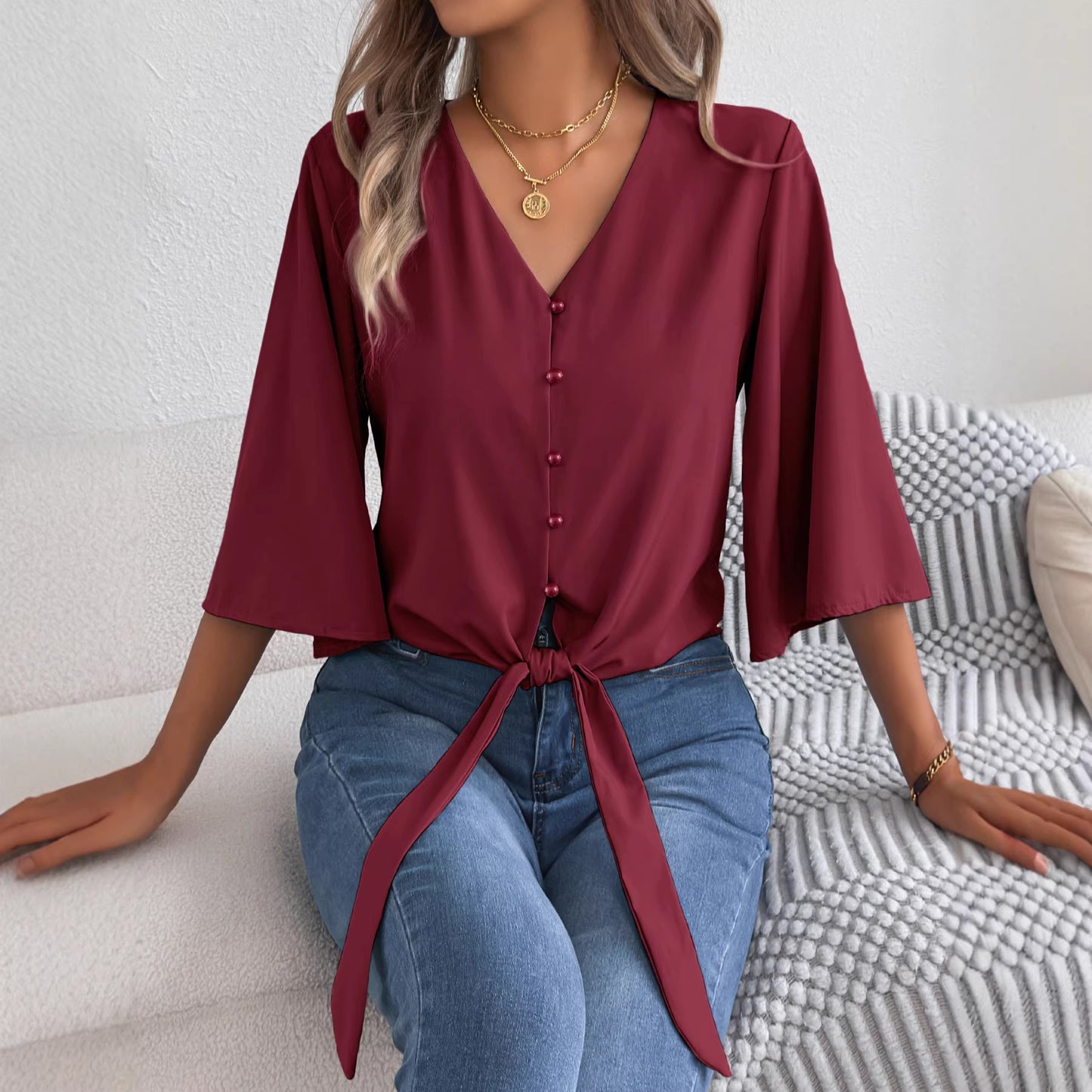 Women's Casual Button Three-quarter Sleeve Knotted Lace Shirt, Chiffon Shirt