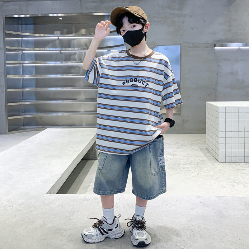 Children's Summer Striped Short-sleeved Shorts Two-piece Medium Big Children's Suit