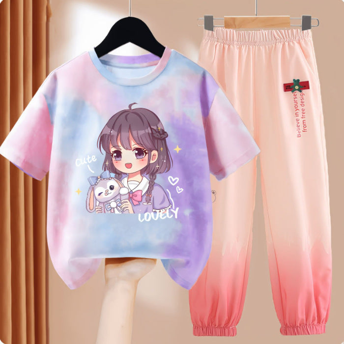 Clothes T-shirt Medium Large Short Sleeved Ice Silk Trousers Two-piece Children's Suit