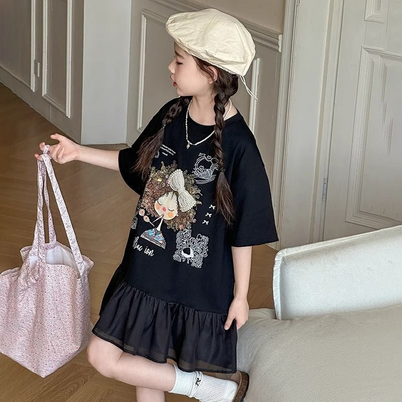 Women's & Children's Cotton Summer Western Style Cartoon T-shirt Skirt Teenager Clothing Children's Dress