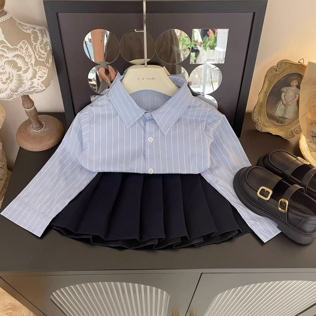 Preppy Style Three-piece Autumn Vest Blue Striped Shirt Pleated Children's Suit