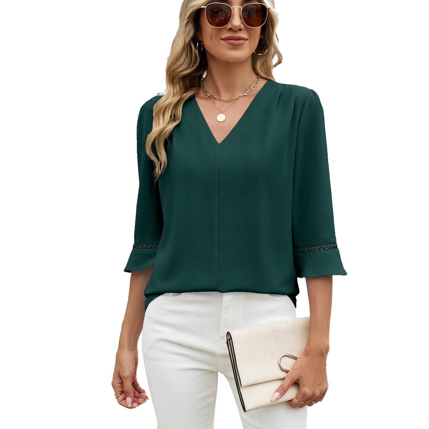Graceful Women's Pleated Bell Sleeve Work Lace Shirt, Chiffon Shirt