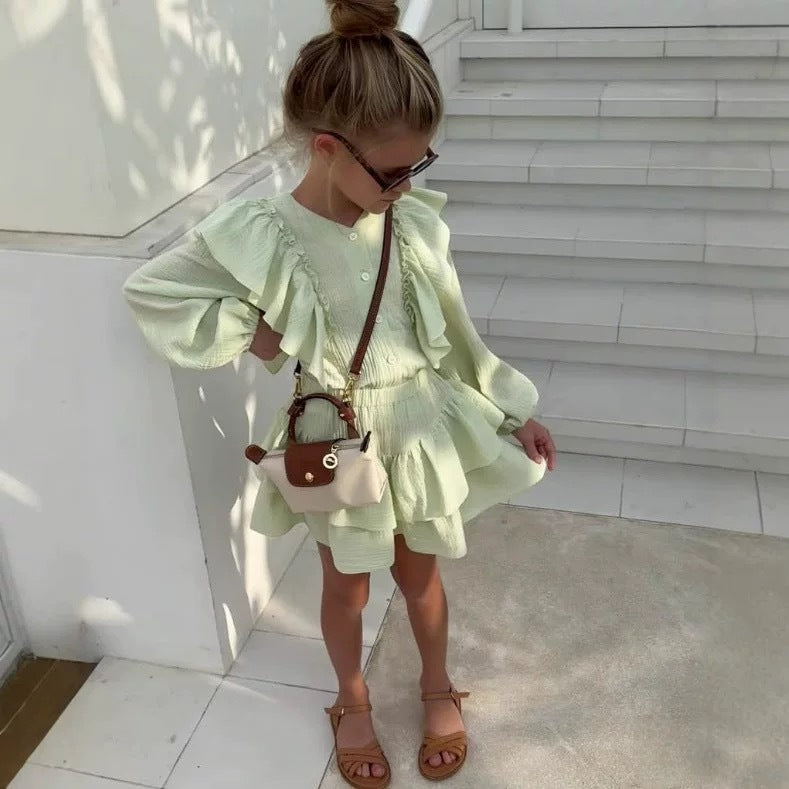 Flying Shoulder Sleeve Shirt Lace Skirt British Two-piece Children's Suit