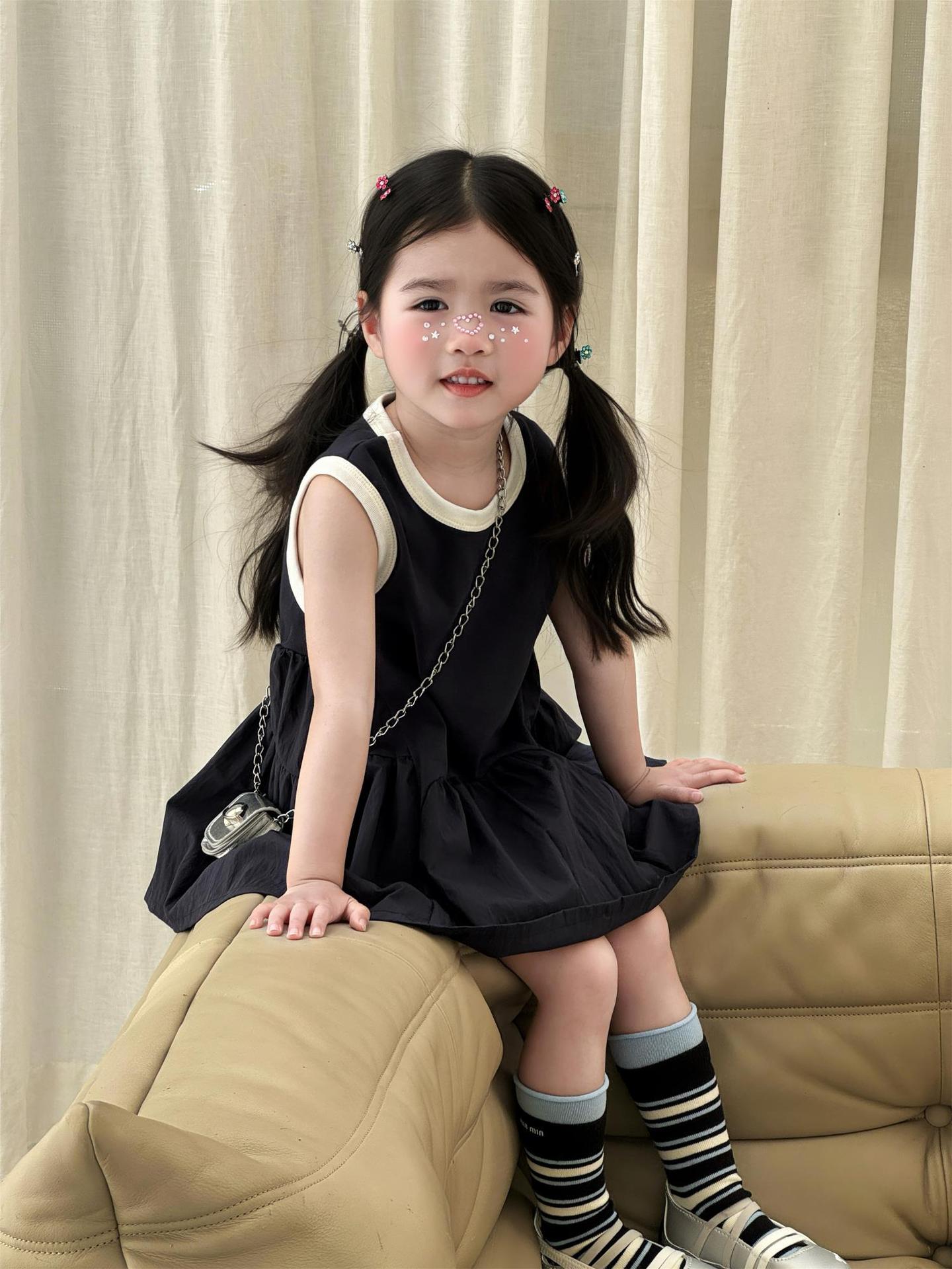Western Style Ruffled Hem Crew Neck Navy Blue Vest Children's Dress
