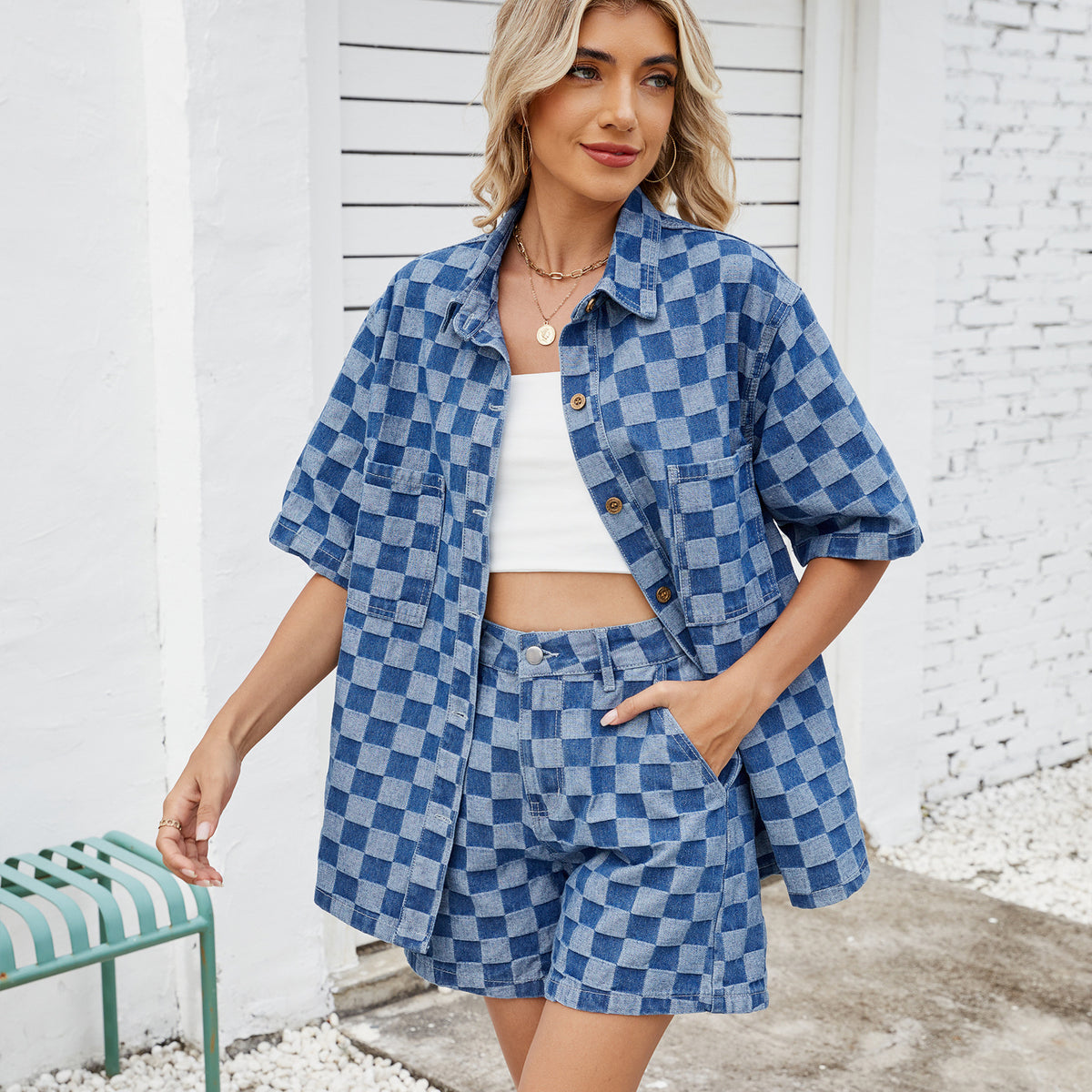 Women's Thin Washed Loose Denim Plaid Shirt Fashion Casual Suit