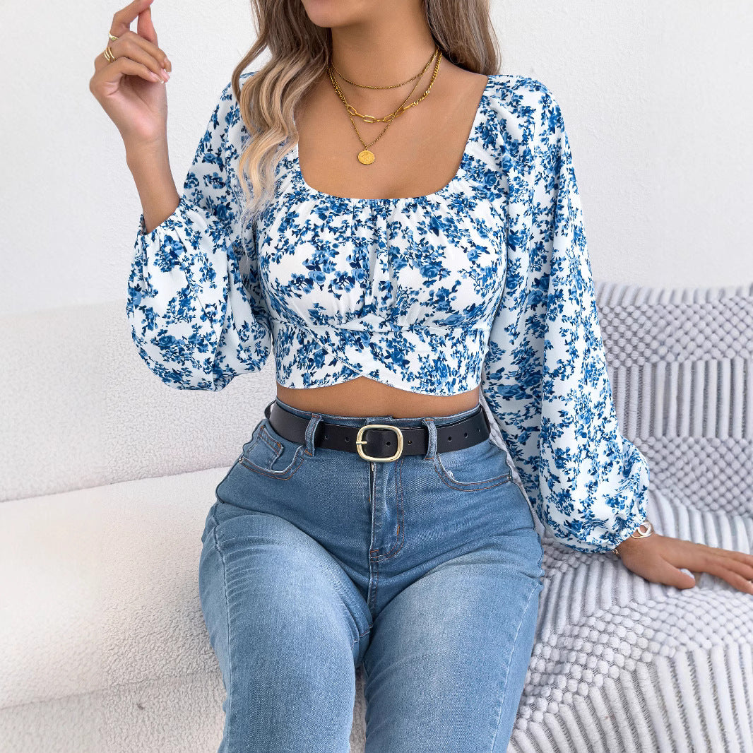 Glamorous Women's Floral Lantern Sleeve Waist Lace Shirt, Chiffon Shirt