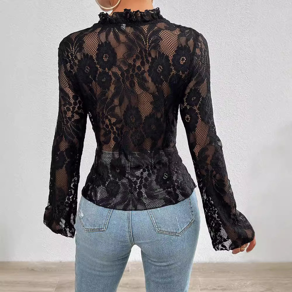 Women's Autumn Sexy Slim Long Sleeve Lace Shirt, Chiffon Shirt