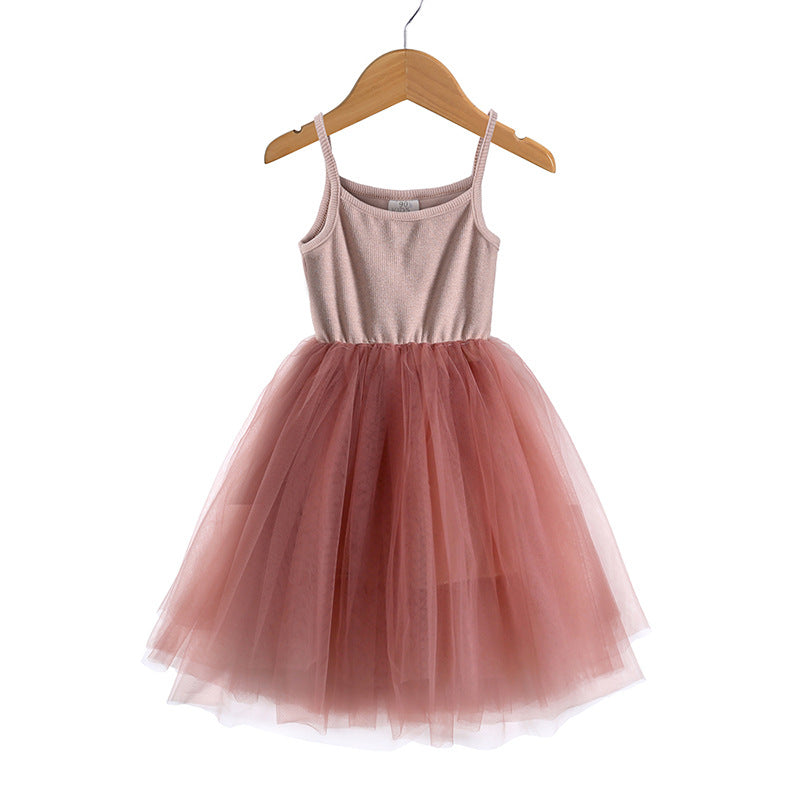 Braces Skirt Rib Patchwork Tulle Princess Children's Dress