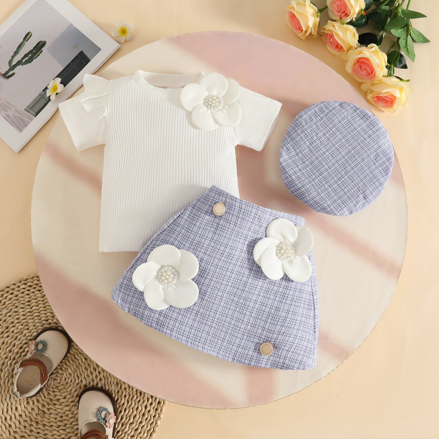 Summer Short Sleeve Skirt Beret Sunken Stripe Short-sleeved Children's Suit