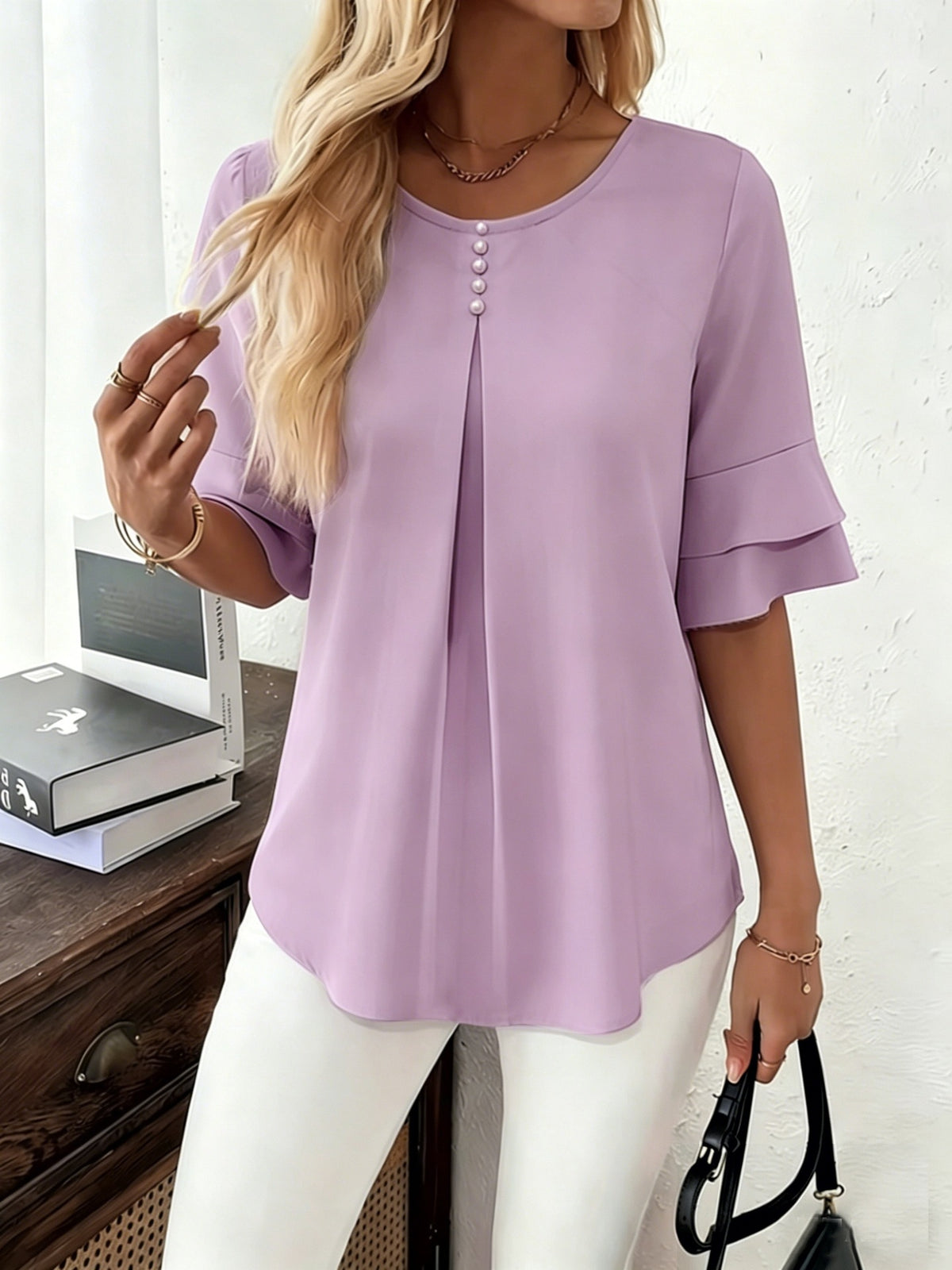 Women's Casual Comfortable Loose Slimming Double Layer Ruffled Blouse
