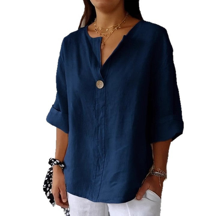 Women's Summer Loose Solid Color Buttons Cotton Blouse